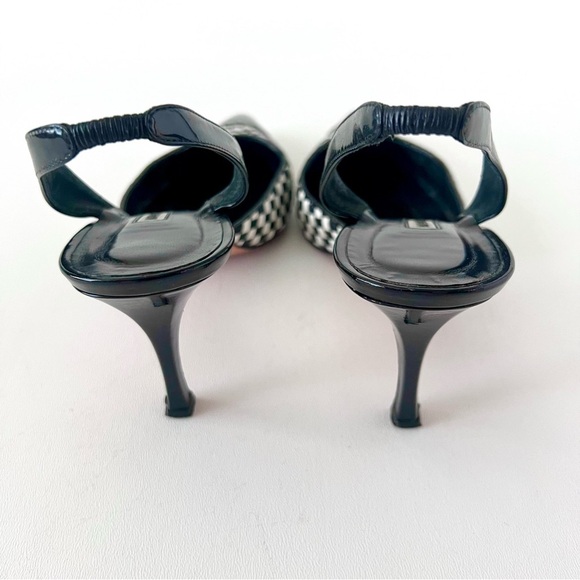 MANOLO BLAHNIK | Black White Cap Toe Woven Leather SlingBack Pointed Pumps - Picture 8 of 16